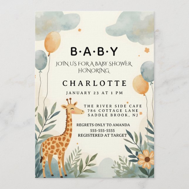 Whimsical Giraffe Baby Shower Invitation (Front)