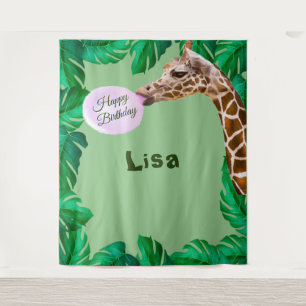 Whimsical Giraffe Bubble Gum Birthday Backdrop Tapestry