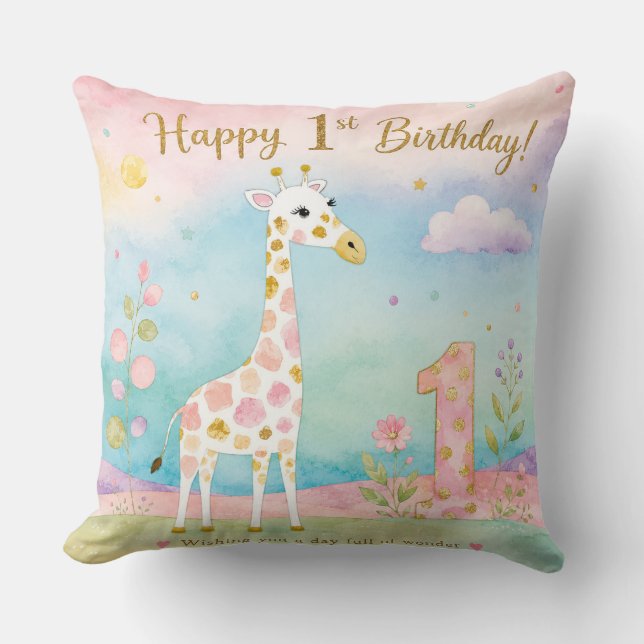 Whimsical Giraffe First Birthday Wonder Cushion (Front)