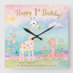 Whimsical Giraffe First Birthday Wonder Square Wall Clock