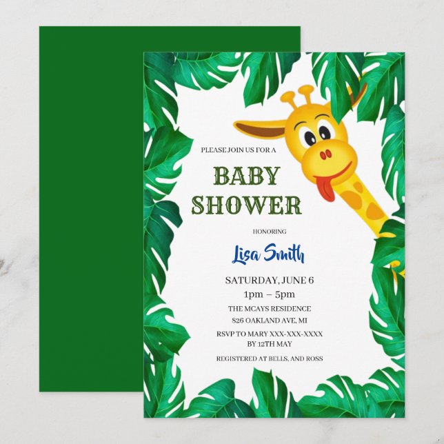 Whimsical Giraffe Safari Baby Shower Invitation (Front/Back)