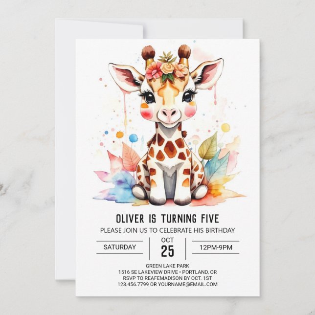 Whimsical Giraffe Safari Birthday Invitation (Front)