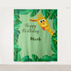 Whimsical Giraffe Safari Birthday Photo Backdrop Tapestry
