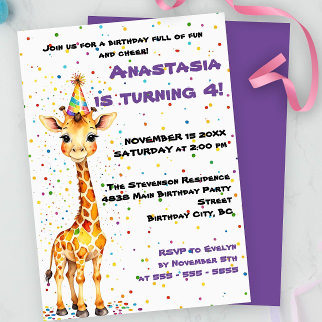 Whimsical Giraffe with Colourful Confetti Birthday Invitation (Creator Uploaded)