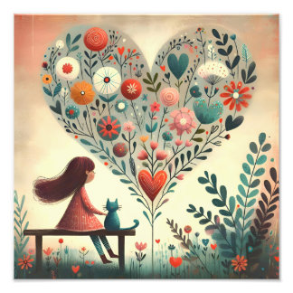 Whimsical Girl and Cat Beside a Floral Heart Photo Print