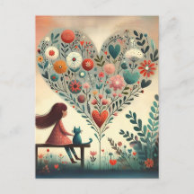 Whimsical Girl and Cat Beside a Floral Heart