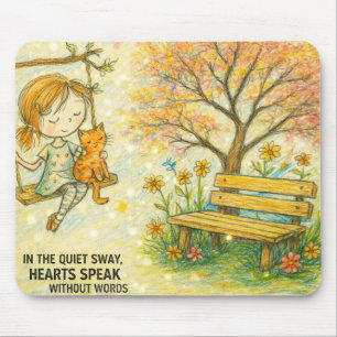 Whimsical Girl and Orange Cat Garden Mousepad