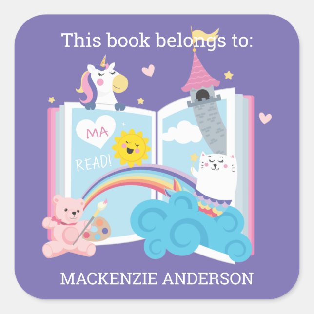 Whimsical Girl Bookplate Square Sticker (Front)