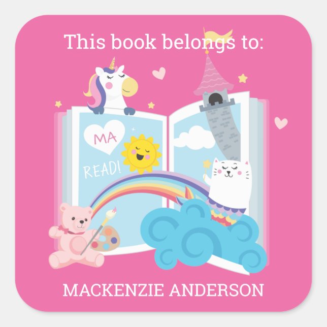 Whimsical Girl Bookplate Square Sticker (Front)