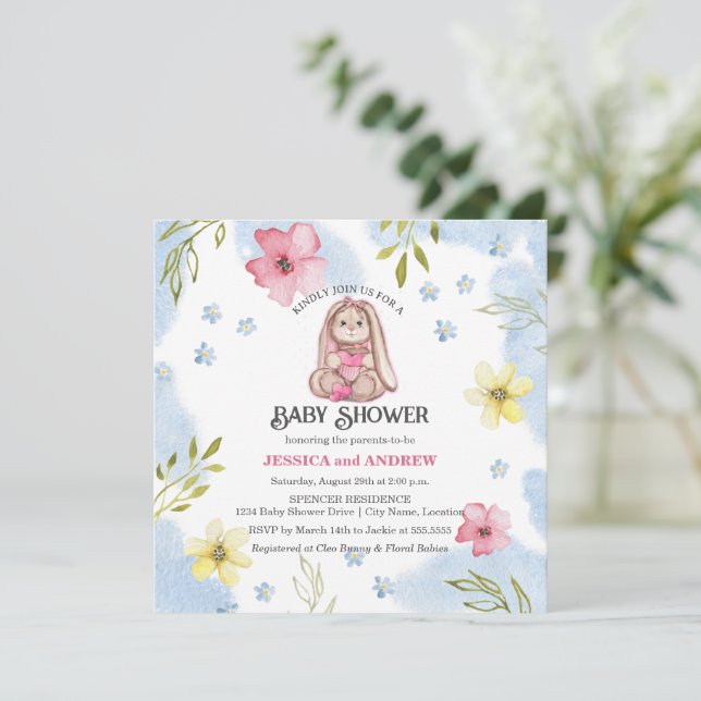 Whimsical Girl Bunny Baby Shower Invitation (Standing Front)
