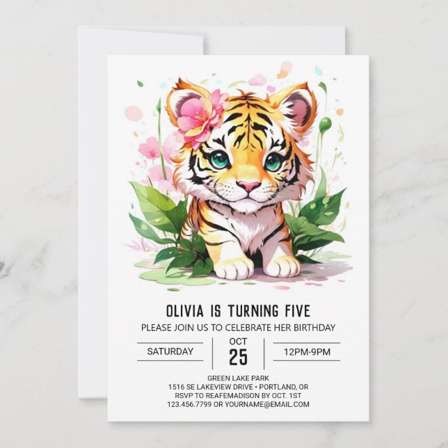 Whimsical Girl Custom Tiger Birthday Invitation (Front)