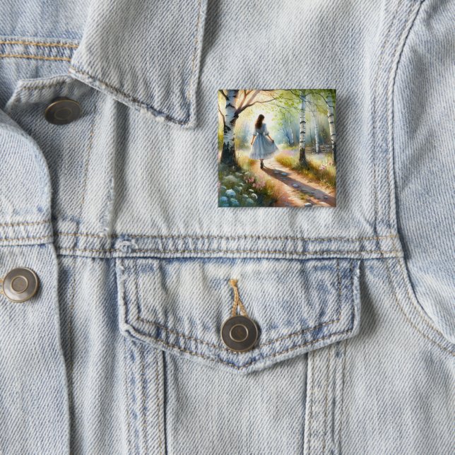 Whimsical Girl Dancing Through Birch Forest 15 Cm Square Badge (In Situ)