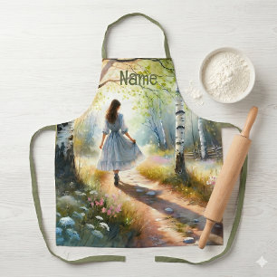 Whimsical Girl Dancing Through Birch Forest Apron