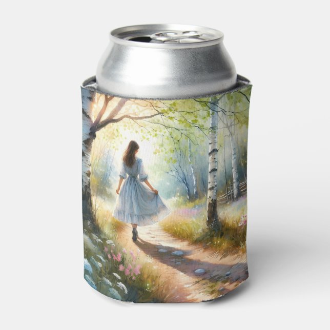 Whimsical Girl Dancing Through Birch Forest Can Cooler (Can Front)