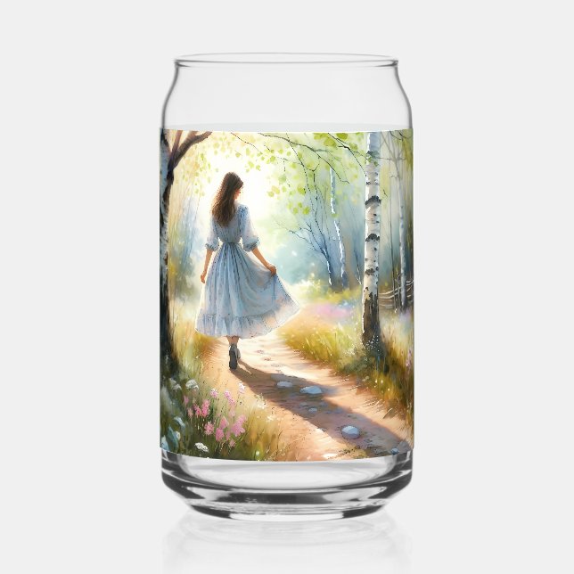 Whimsical Girl Dancing Through Birch Forest Can Glass (Front)