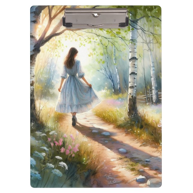 Whimsical Girl Dancing Through Birch Forest Clipboard (Front)