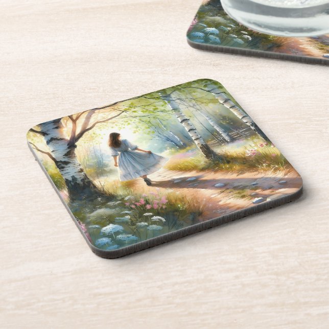 Whimsical Girl Dancing Through Birch Forest Coaster (Left Side)