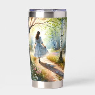 Whimsical Girl Dancing Through Birch Forest Insulated Tumbler