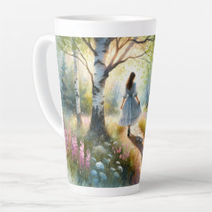 Whimsical Girl Dancing Through Birch Forest Latte Mug