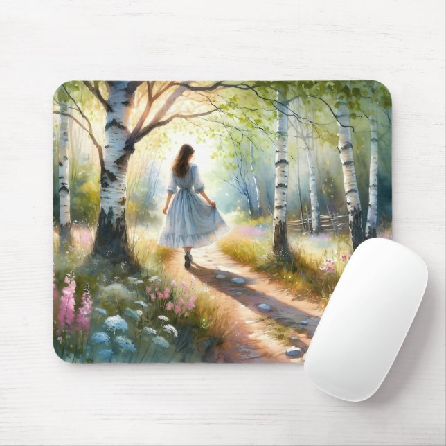 Whimsical Girl Dancing Through Birch Forest Mouse Mat (With Mouse)