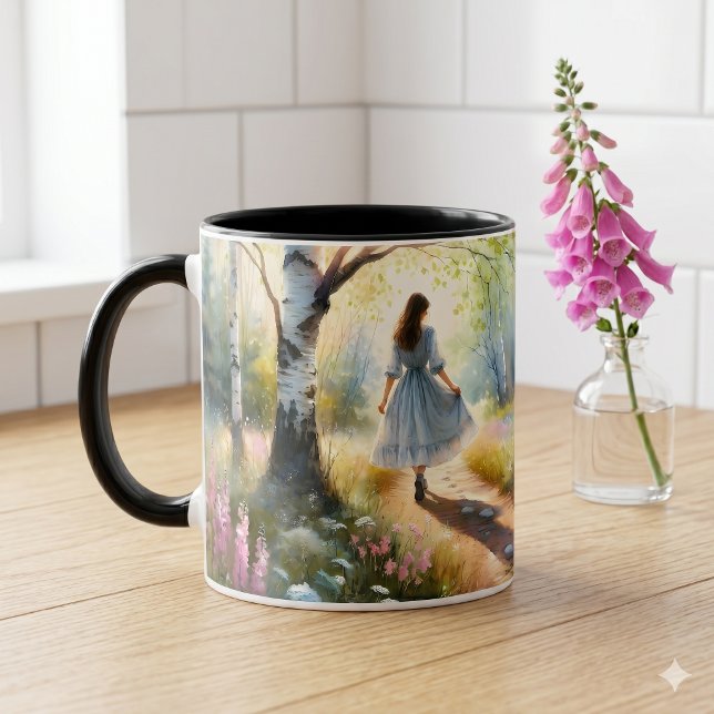 Whimsical Girl Dancing Through Birch Forest Mug (Whimsical Girl Dancing Through Birch Forest Mug)