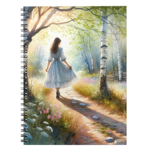 Whimsical Girl Dancing Through Birch Forest Notebook (Front)