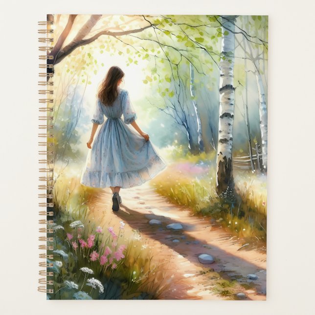 Whimsical Girl Dancing Through Birch Forest Planner (Front)