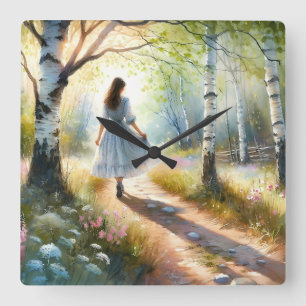 Whimsical Girl Dancing Through Birch Forest Square Wall Clock