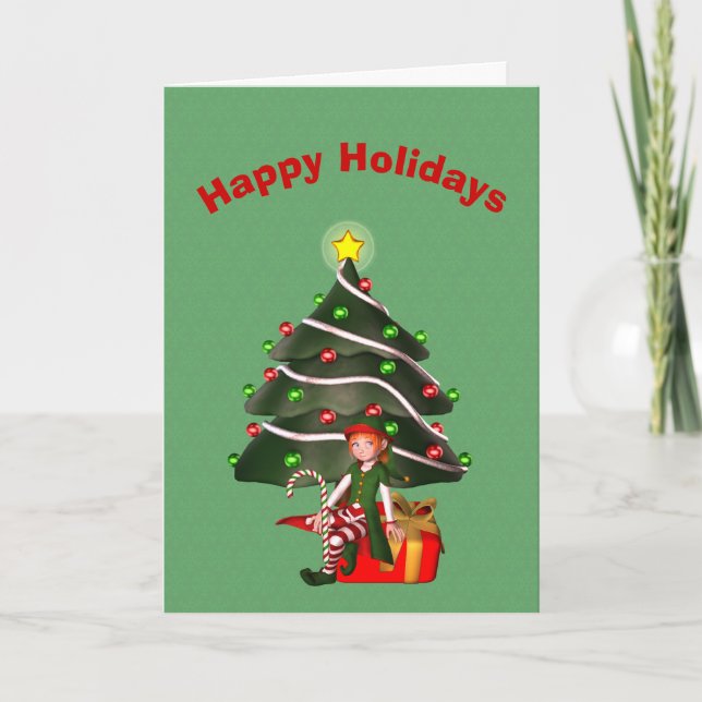 Whimsical Girl Elf Tree Present Christmas Card (Front)