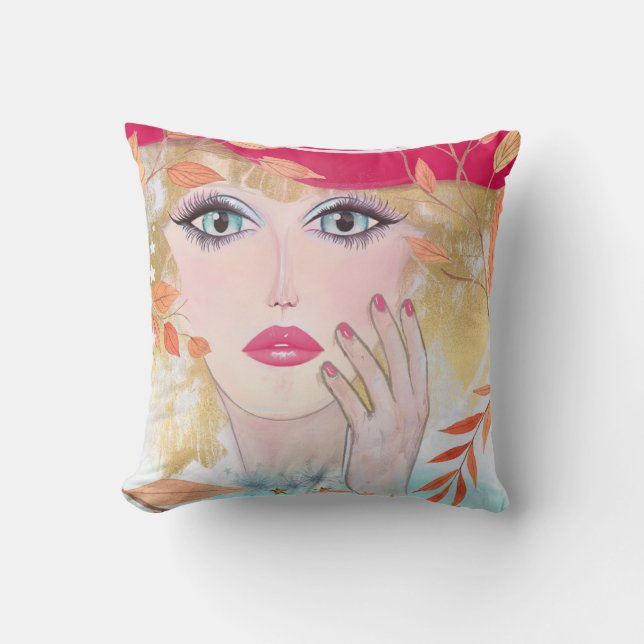 Whimsical Girl Face Hand Colourful Pink Cushion (Front)