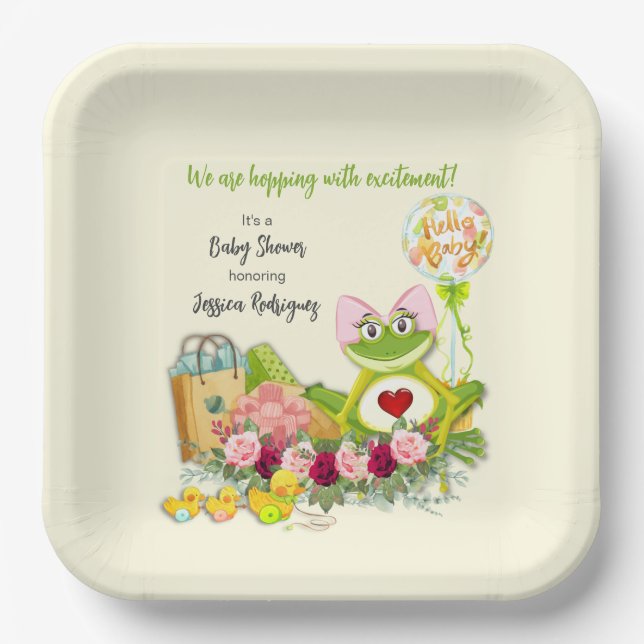 Whimsical Girl Frog Baby Shower Personalised Paper Plate (Front)