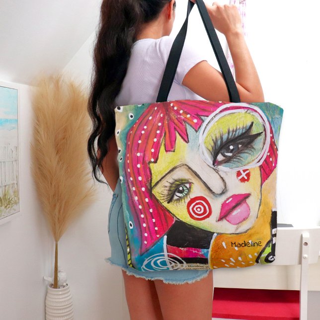 Whimsical Girl Hot Pink Hair Quirky Colourful Fun Tote Bag (Creator Uploaded)