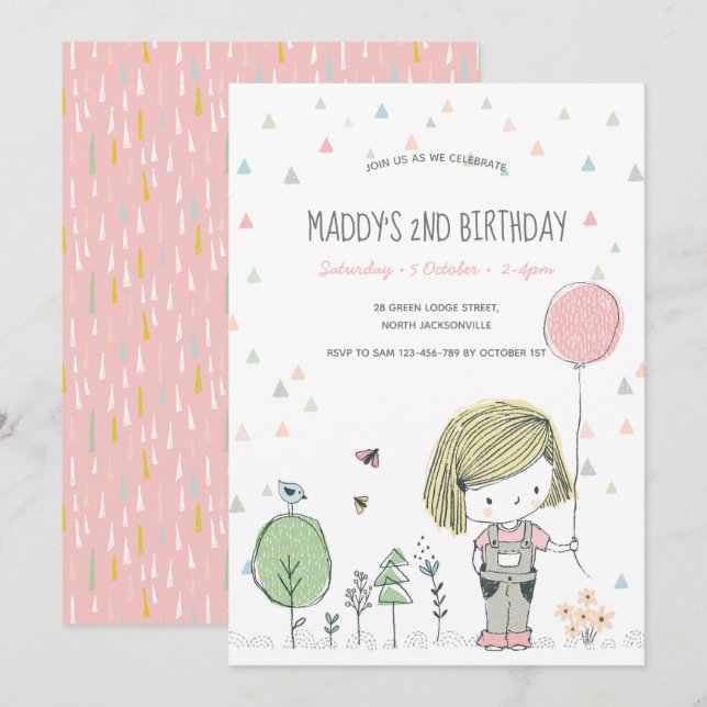 Whimsical Girl Kids Toddlers Birthday Invitation (Front/Back)