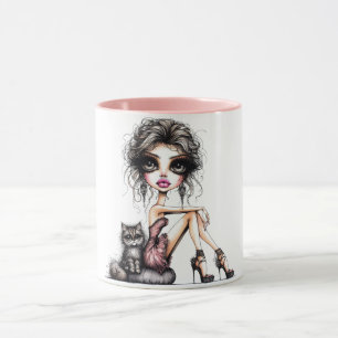 Whimsical Girl Large Eyes With Cat  Mug