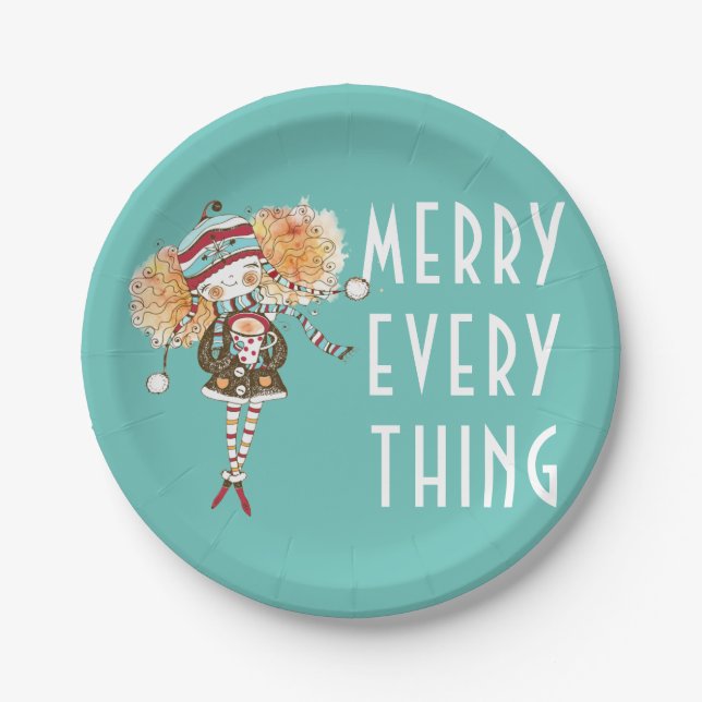 Whimsical Girl Merry Everything  Christmas  Paper Plate (Front)