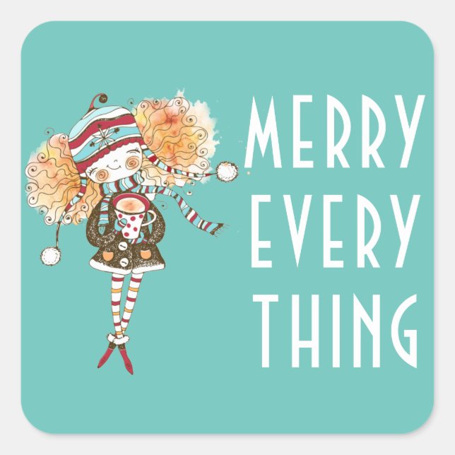 Whimsical Girl Merry Everything  Christmas  Square Sticker (Front)