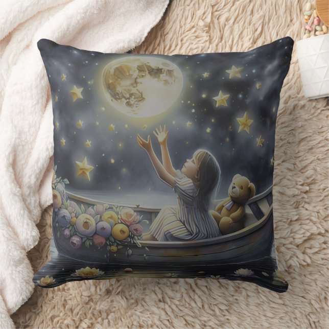 Whimsical Girl Moon Dream Fantasy Scene Cushion (Blanket)
