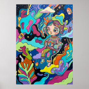 Whimsical Girl Psychedelic Pop Art Colourful Dream Poster