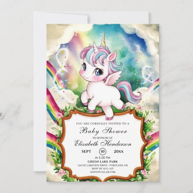 Whimsical Girl Unicorn Baby Shower Invitation (Front)