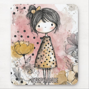 Whimsical Girl Watercolor with Floral Accents (10) Mouse Mat