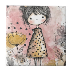 Whimsical Girl Watercolor with Floral Accents (10) Tile