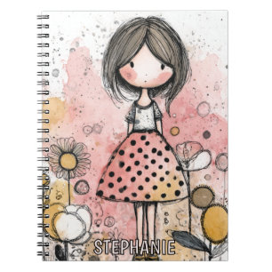 Whimsical Girl Watercolor with Floral Accents (2) Notebook