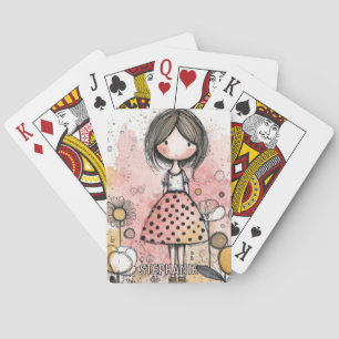 Whimsical Girl Watercolor with Floral Accents (2) Playing Cards