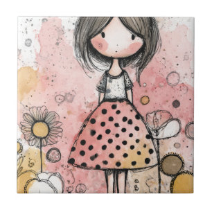 Whimsical Girl Watercolor with Floral Accents (2) Tile