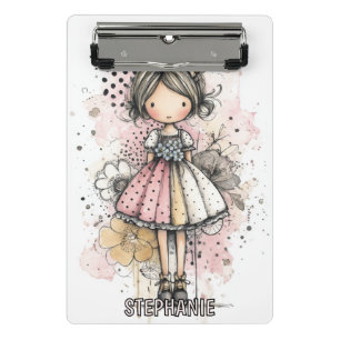 Whimsical Girl Watercolor with Floral Accents (3) Mini Clipboard
