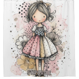 Whimsical Girl Watercolor with Floral Accents (3) Shower Curtain