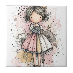 Whimsical Girl Watercolor with Floral Accents (3) Tile