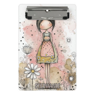 Whimsical Girl Watercolor with Floral Accents (4) Mini Clipboard