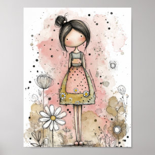 Whimsical Girl Watercolor with Floral Accents (4) Poster