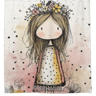 Whimsical Girl Watercolor with Floral Accents (6) Shower Curtain